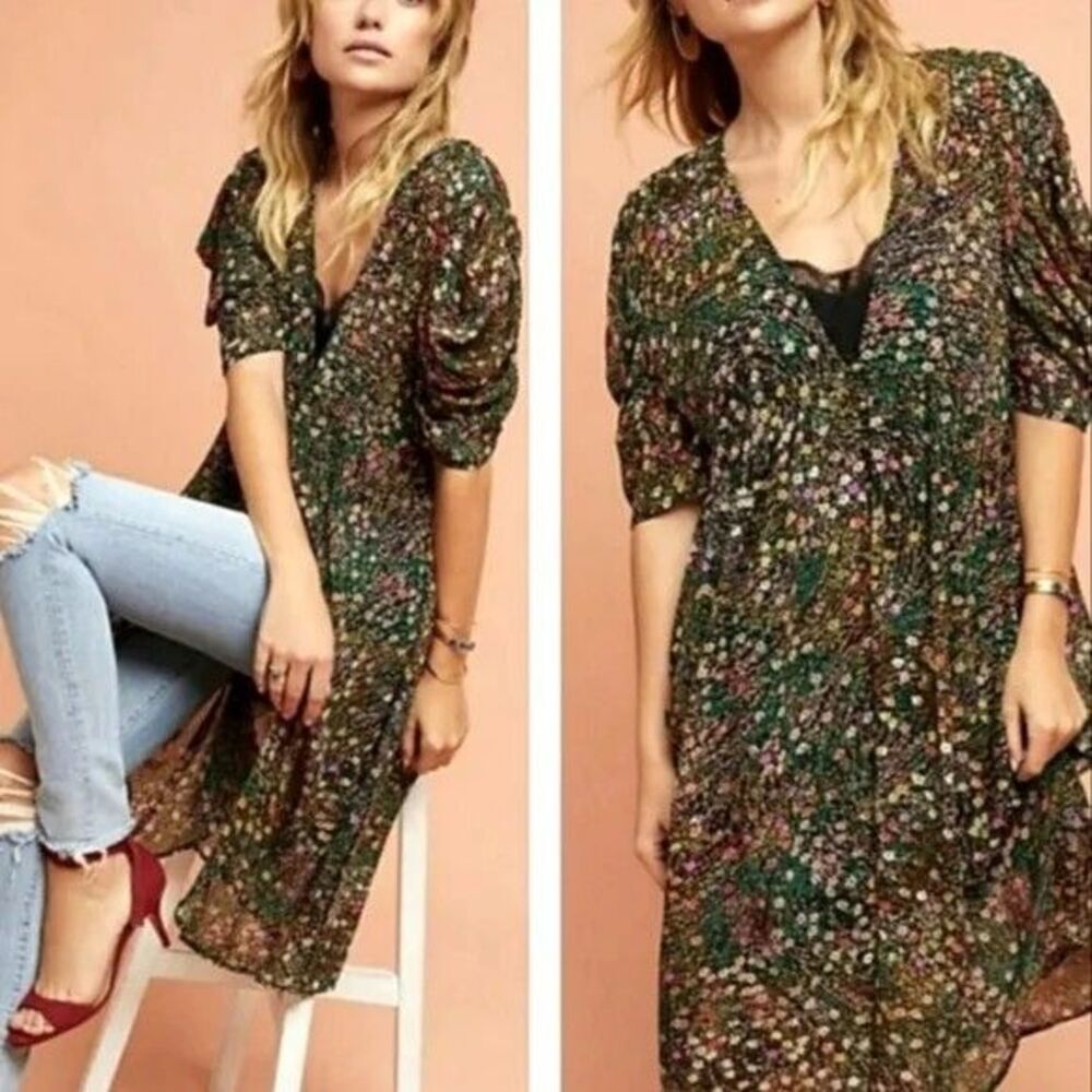 Anthropologie Green Floral Midi Dress